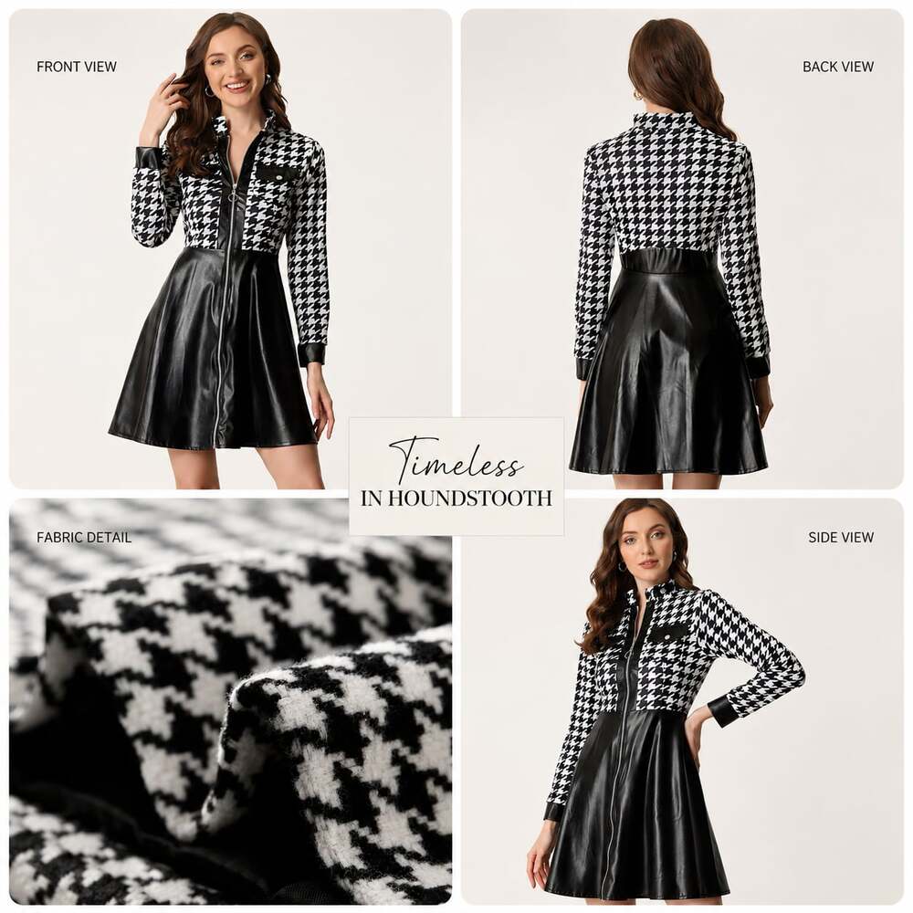 Allegra K Women's PU Faux Leather Houndstooth Patchwork Zipper Up A-Line Dress